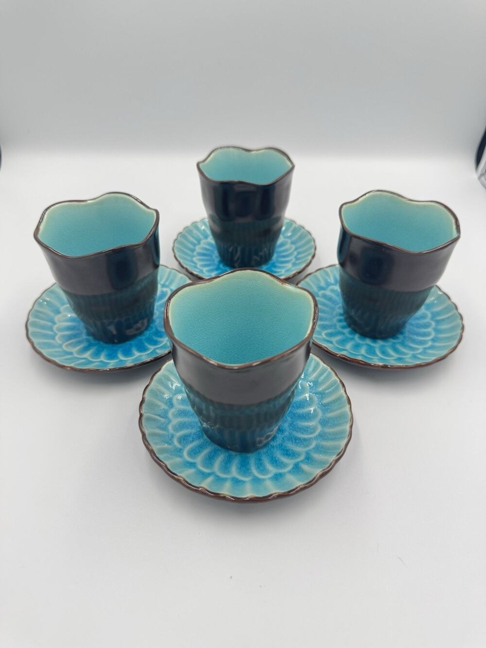 Vintage Visun China Turquoise Crackle Carnation Cup & Saucer Set of 4 MCM